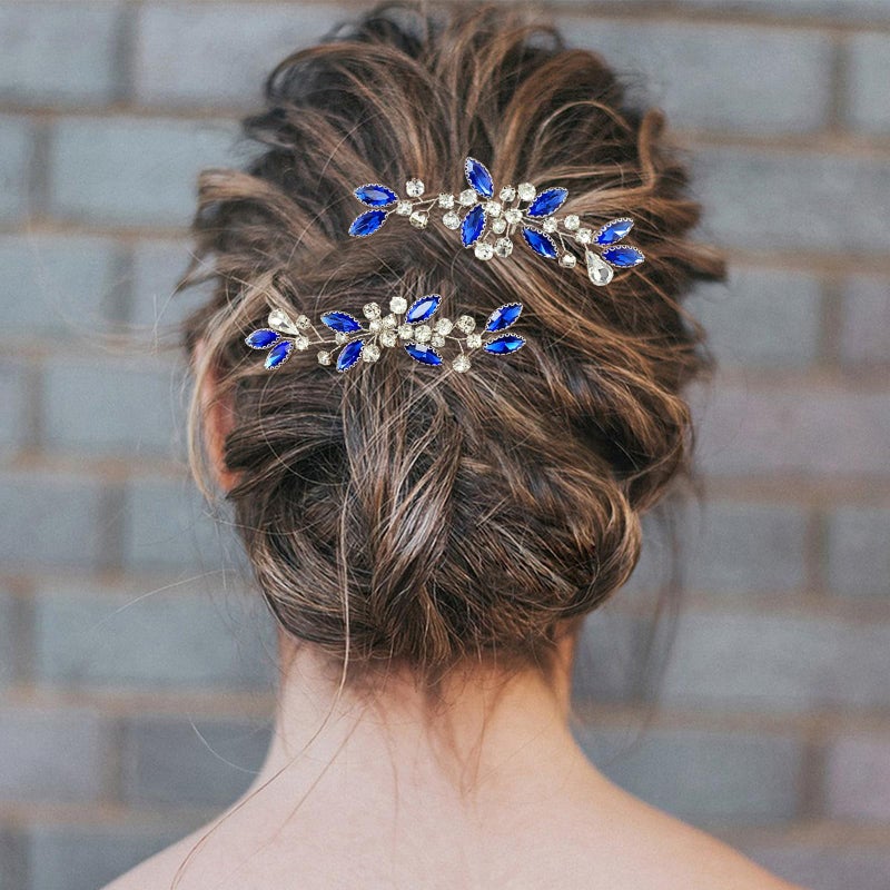 BETITETO Crystal Bridal Hair Pins Sparkle White Blue Rhinestone Wedding Hair Piece Accessories for Women Girls (Pack of 2) - Image 3